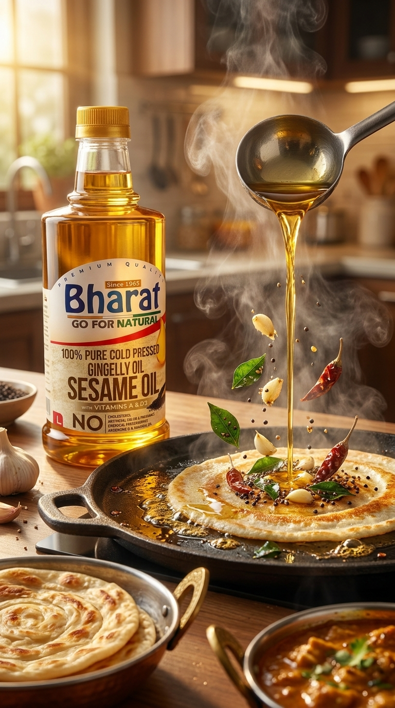 Sesame oil being drizzled over a dosa